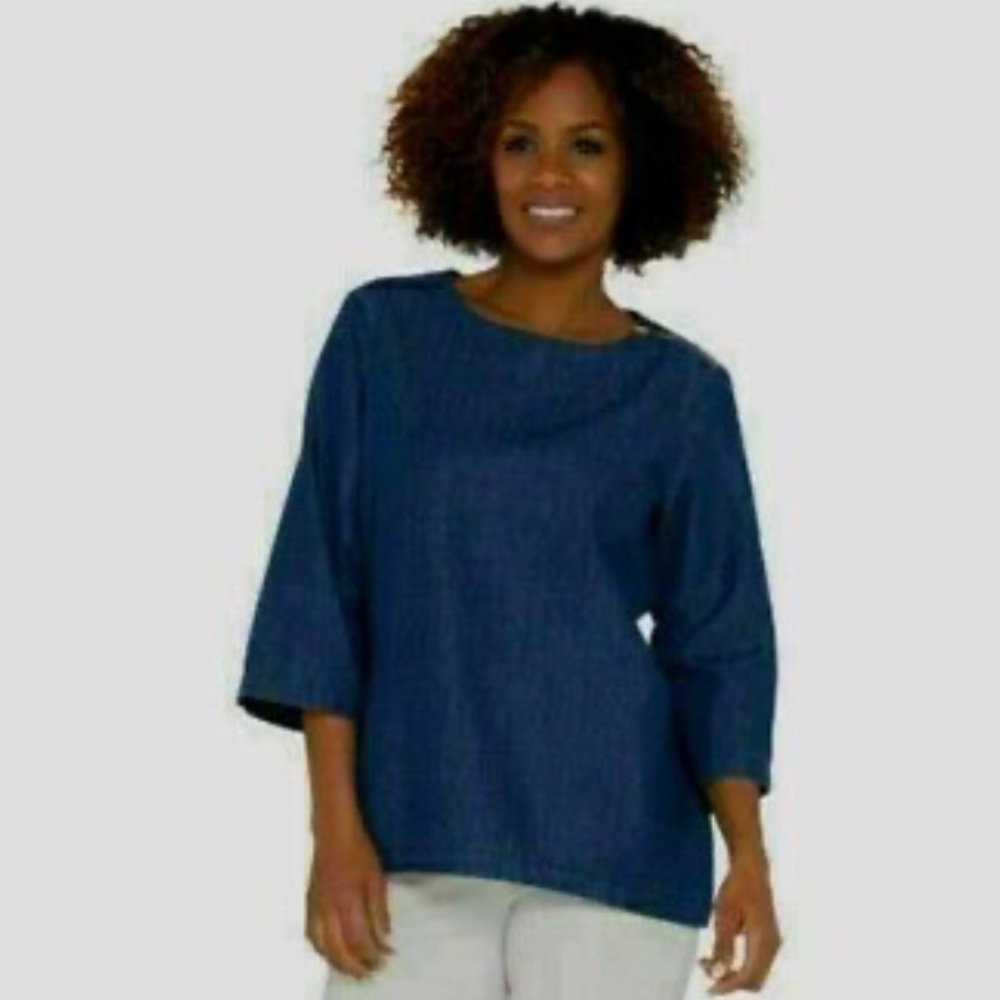 Martha Stuart Everyday Denim Jean Three Quarter Sleeve Blouse Shoulder Zip 💙
